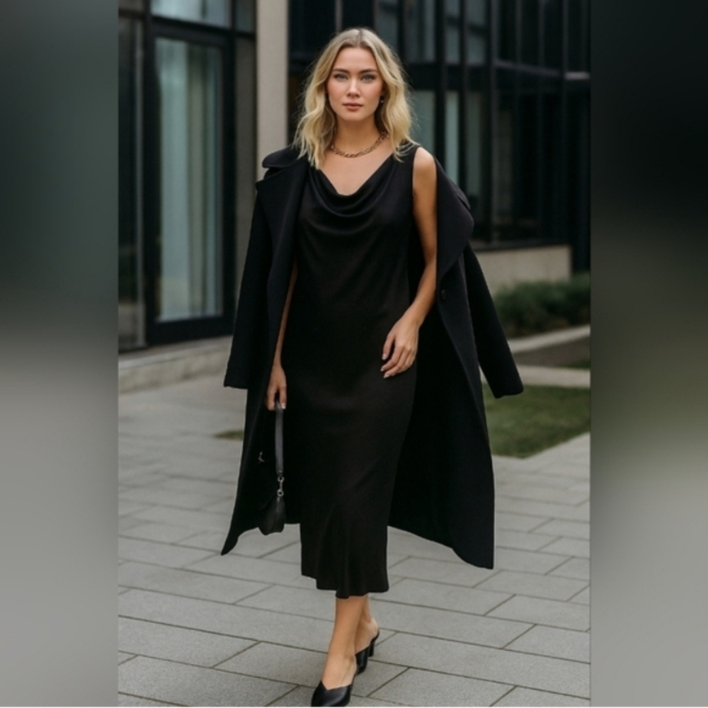 DKNY Cowlneck Midi Slip Black Sleeveless Dress